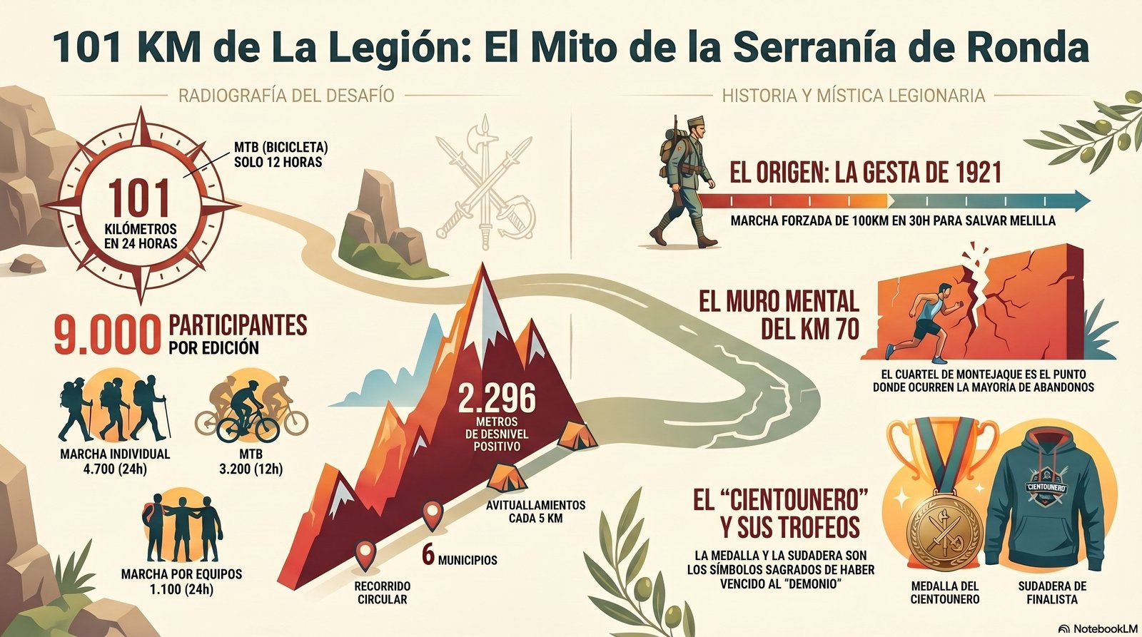 Infografía: 101 KM de La Legión — el mito de la Serranía de Ronda. 101 km en 24h, 9.000 participantes, 2.296 m de desnivel, recorrido circular por 6 municipios, avituallamientos con 20 puntos de avituallamiento. Historia desde 1921, el muro mental del km 70 y los símbolos del cientounero.