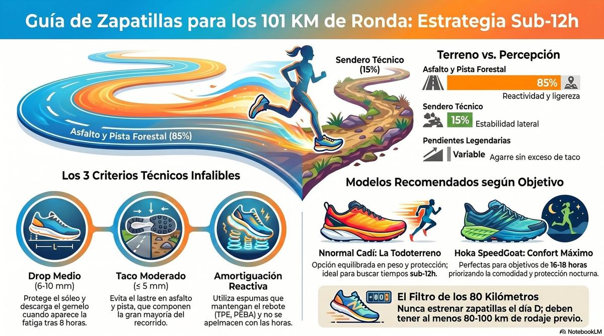 Infografía: Guía de zapatillas para los 101 KM de Ronda — estrategia sub-12h, terreno, criterios técnicos y modelos recomendados