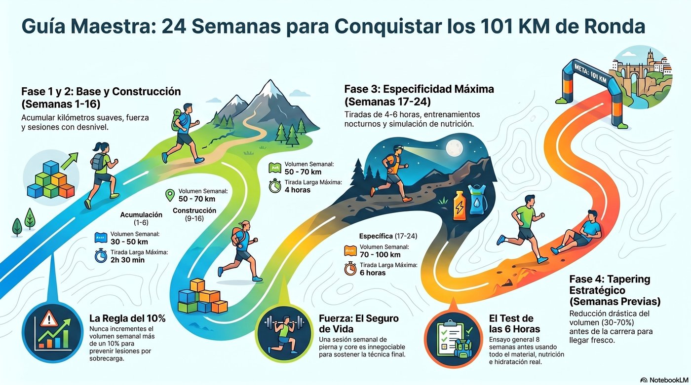 Infografía: las 4 fases del plan de entrenamiento de 24 semanas para los 101 KM de Ronda