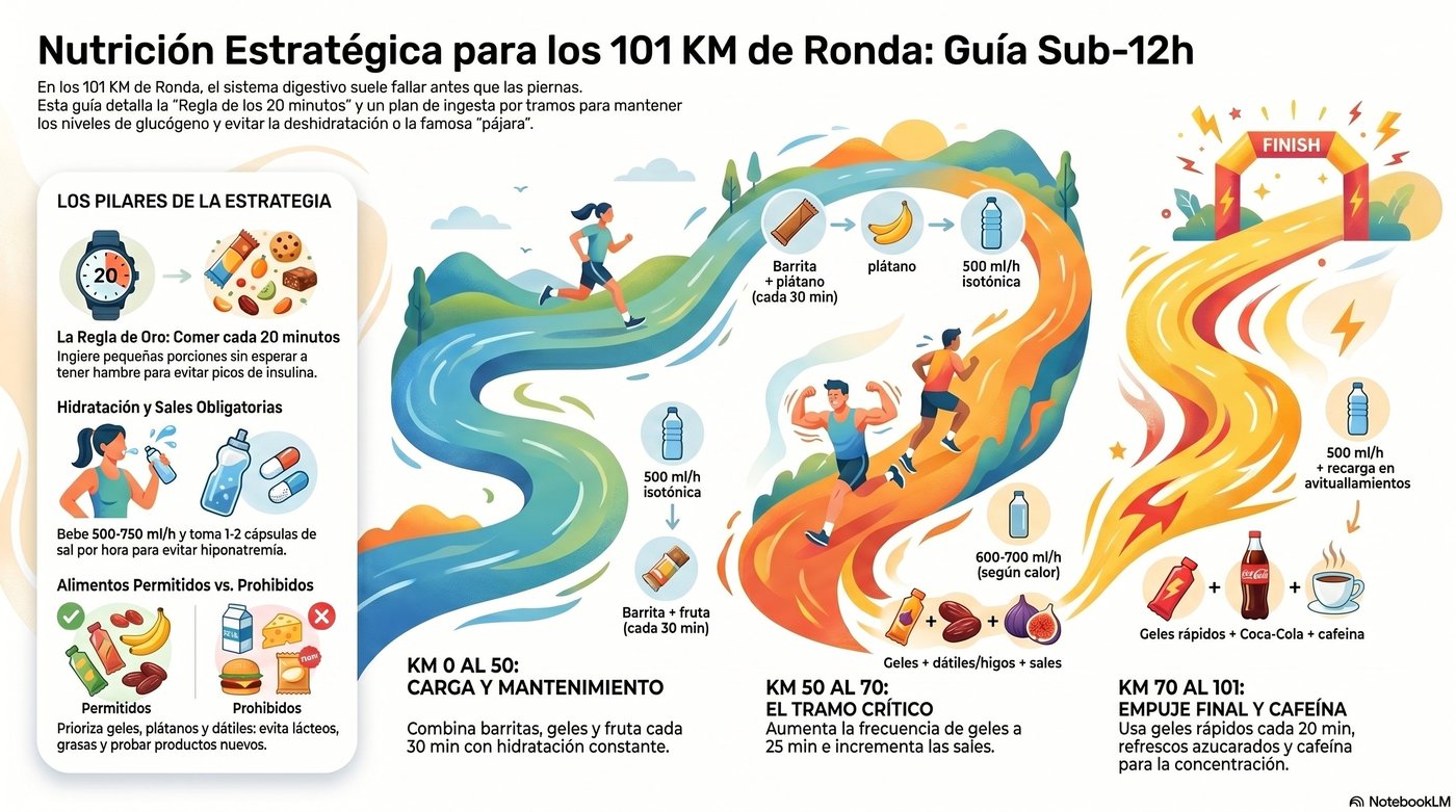 Infografía: nutrición estratégica para los 101 KM de Ronda con la regla de los 20 minutos