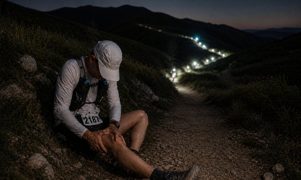 Corredor sentado en el camino nocturno de los 101 KM de Ronda — consecuencia de no alimentarse bien