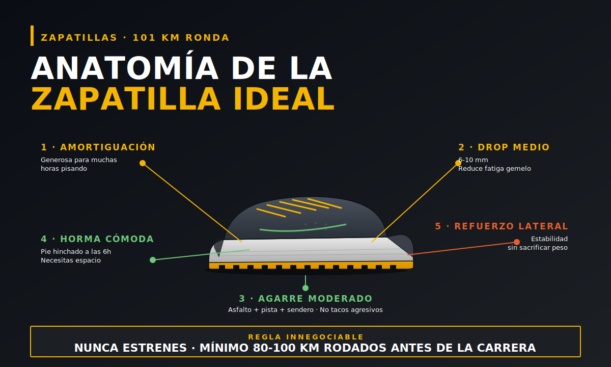 Anatomía de la zapatilla ideal para los 101 KM de Ronda — amortiguación, drop, agarre y horma